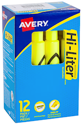 HIGHLIGHTERS, AVERY, DESK STYLE, CHISEL TIP, YELLOW, 12/CT LARGE